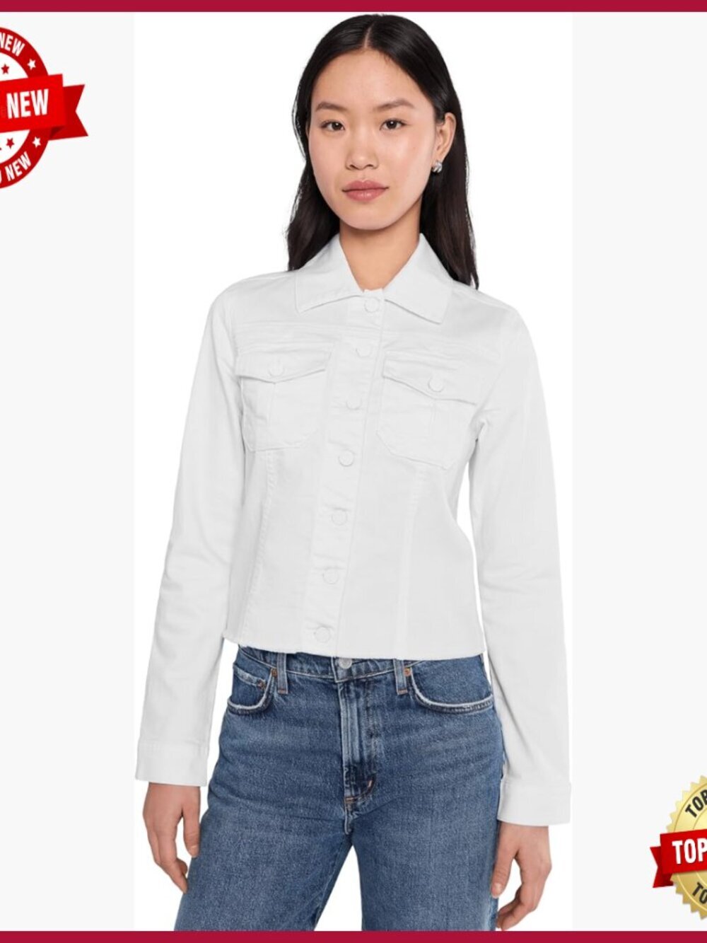 Cropped Stretch Denim Jacket with Frayed Hem, Button Front, Classic Fit